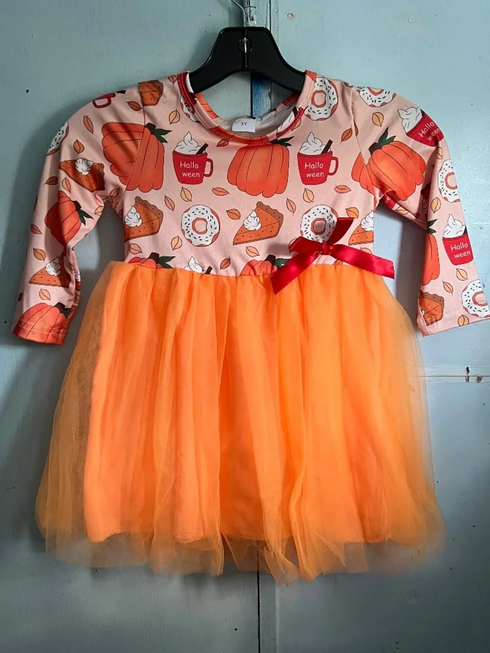 New Toddler Girls Halloween Pumpkin Spice Tutu Dress 3Y Orange Peach Long Sleeve